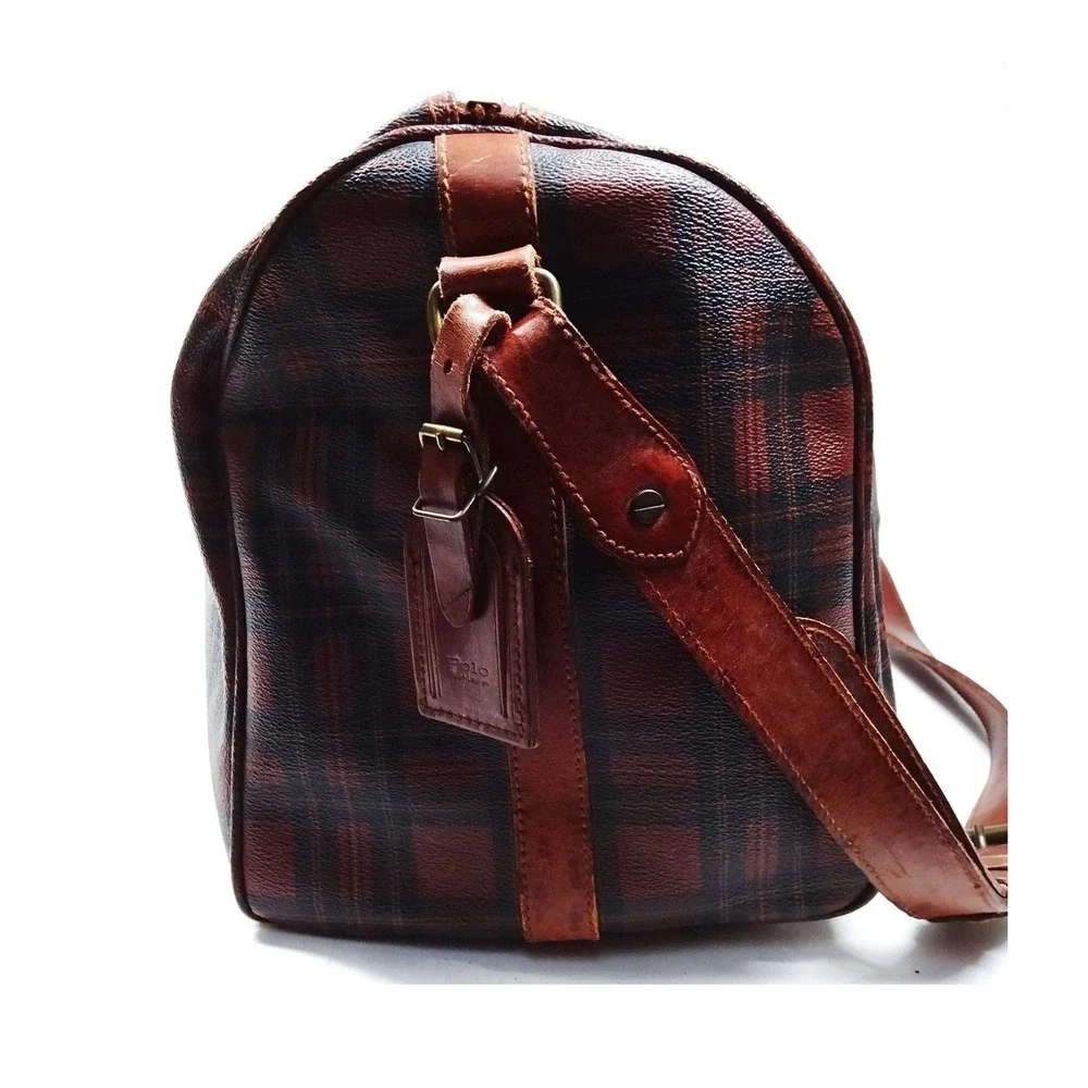 Polo Ralph Lauren Vintage‎ Plaid Duffle Bag Brown Canvas Leather Trim Large